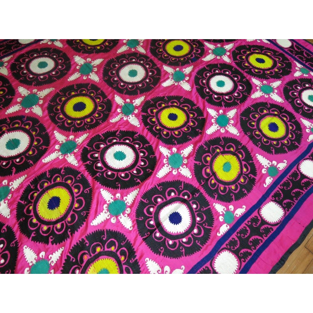 Textile Late 20th Century Bright Pink Suzanni Embroidery Textile For Sale - Image 7 of 9