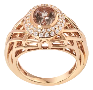 14K Rose Gold Oval Cut Light Pink Morganite and 3/8 Cttw Diamonds Halo and Basket Weave Cocktail Ring - Size 7