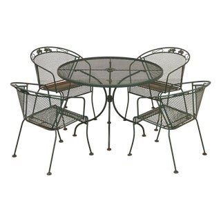 Wrought Iron Vintage Round Patio Table And Four Chairs Set For Sale