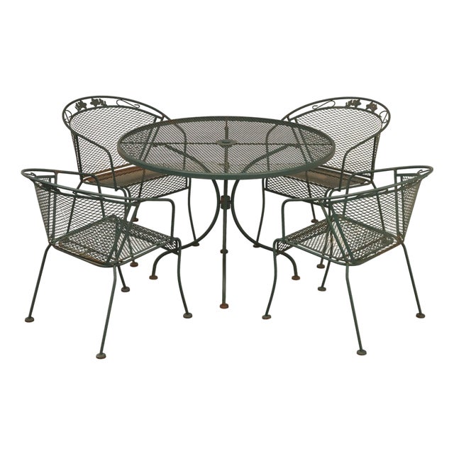 Wrought Iron Vintage Round Patio Table And Four Chairs Set For Sale
