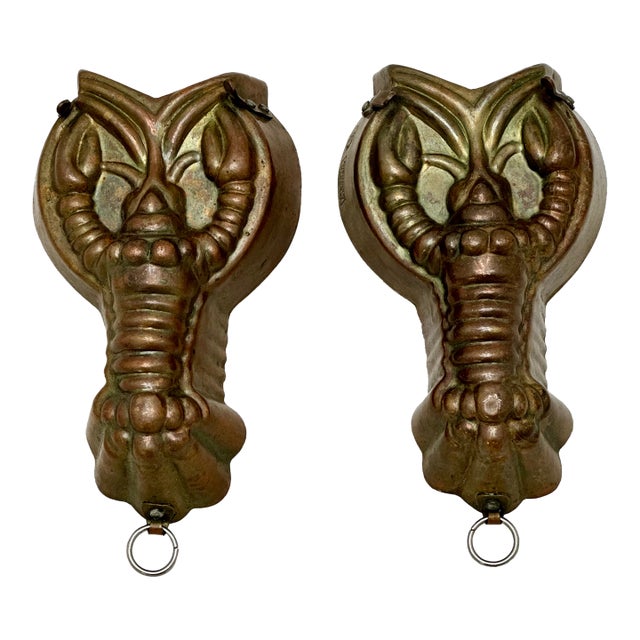 Rare & Unusual Small Size Matching Pair Early 1900s Antique Germany Solid Copper Lobster Kitchen Molds - 6 1/2 Inches Long For Sale