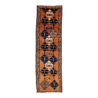 Mid-20th Century Vintage Turkish Oushak Runner Rug With Geometric Medallions in Burnt Orange and Indigo Blue For Sale