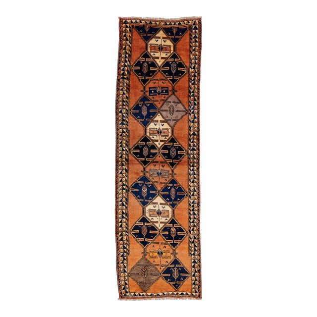 Mid-20th Century Vintage Turkish Oushak Runner Rug With Geometric Medallions in Burnt Orange and Indigo Blue For Sale