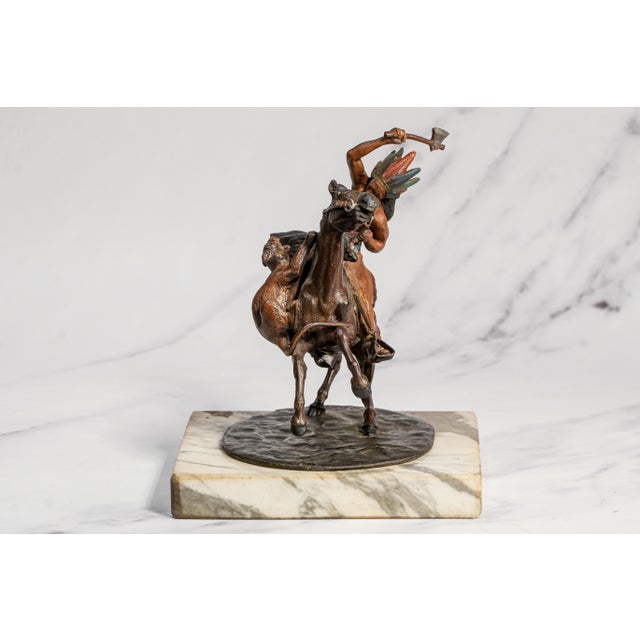 Bronze Amazing Antique Cold Painted Bronze Sculpture Statue Native American Indian on Horse Western Art For Sale - Image 8 of 14