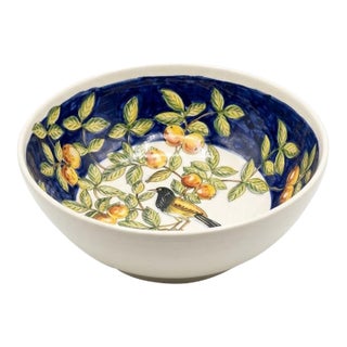 Vintage Hand-Painted Ceramic Fruit & Songbird Large Serving Bowl For Sale