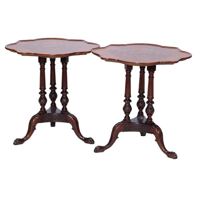 Early 20th Century Heron Satinwood Marquetry Scalloped Triple Pedestal Side Tables - a Pair For Sale - Image 13 of 13
