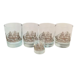 Vintage Nautical Gold Clipper Ship Rocks Glasses Set of 4 and 1 Shot Glass