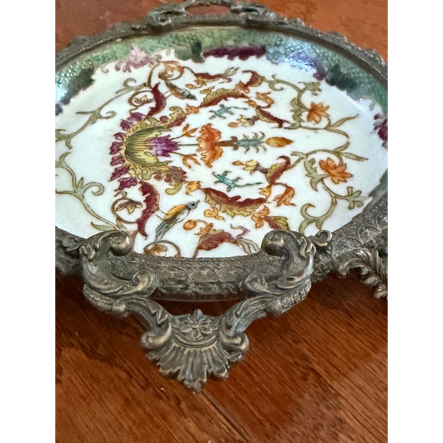 Early 20th Century Exquisite Antique Hua Rong Tang Zhi Porcelain Brass Footed Decorative Trinket Plate For Sale - Image 5 of 12