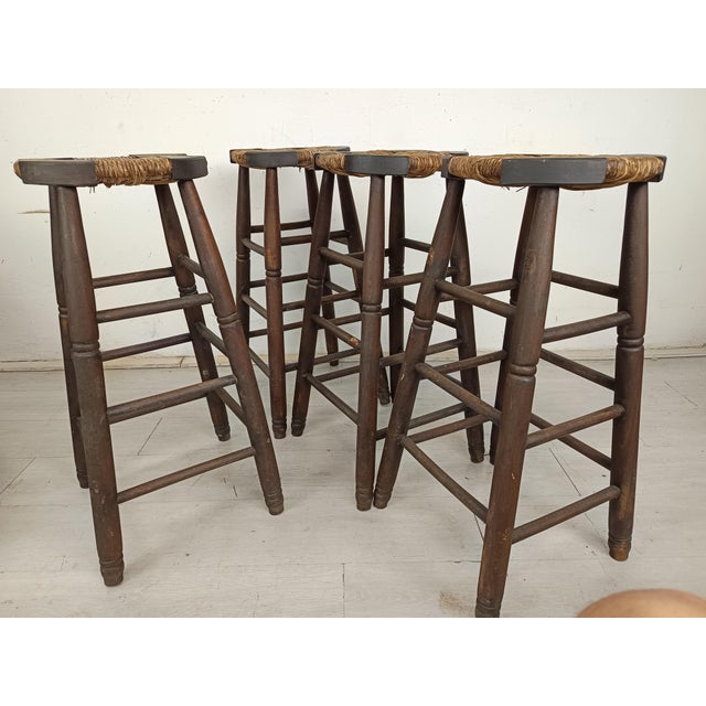 Wood Brutalist Stools in Wood and Straw, 1950s, Set of 4 For Sale - Image 7 of 15