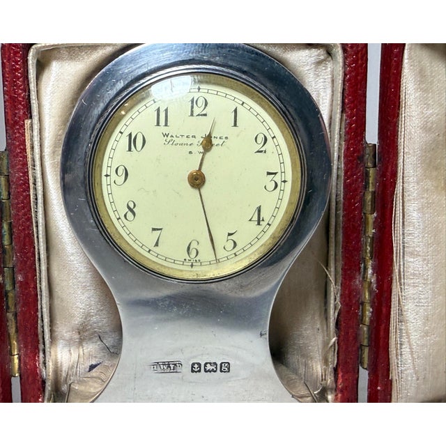 Art Deco Working Antique Walter Jones Sterling Silver Hard Cased Travel Desk Clock For Sale - Image 3 of 11