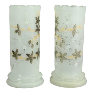 Pair of Victorian 19th/20th Century Bristol Glass Opaque White Vases With Fall Leaves