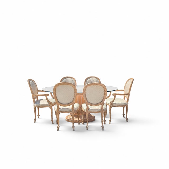 Vintage Carved Wood Oval Glass Dining Set With Six Upholstered Chairs For Sale - Image 17 of 18