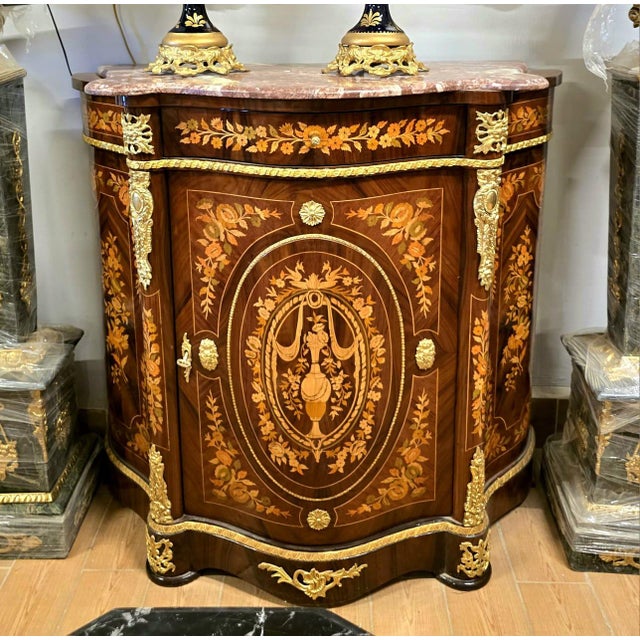 French Exquisite French Accent Cabinet With Floral Marquetry, Marble Top & Bronze Mounts For Sale - Image 3 of 5