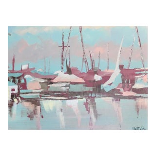1960s Rare Lee Reynolds Abstract Nautical Impressionist Nautical Painting Boats in Harbor at Dusk Framed For Sale