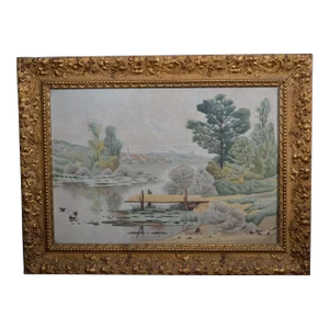French School Early 20th "The Pond and the Ducks" Watercolor Signed C. Chouet, Framed