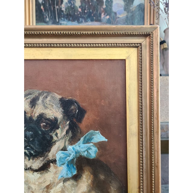 Red Antique Dog Oil Painting Moody Portrait of a Pug For Sale - Image 8 of 12