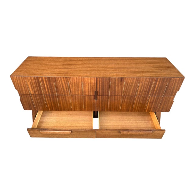 Mid-Century Modern Walnut Dresser With Sculpted Integrated Pulls and Splayed Legs” For Sale - Image 13 of 15