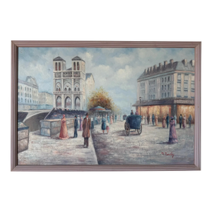 70’s Vintage P. Rowley European Street Scene With Victorian Figures – Oil on Canvas Painting