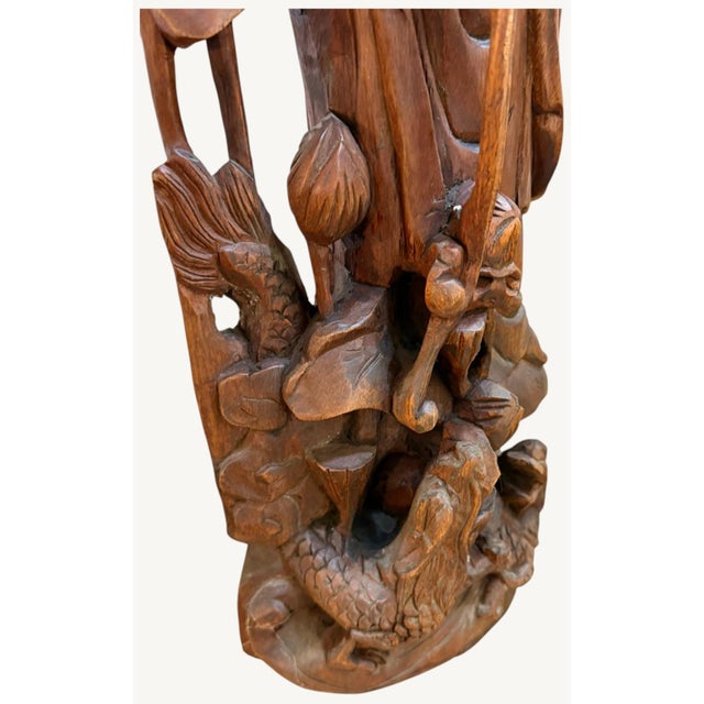 Vintage Chinese Carved Wood Guanyin Kuan Yin Lotus Birds Sculpture 23.75" For Sale - Image 9 of 15