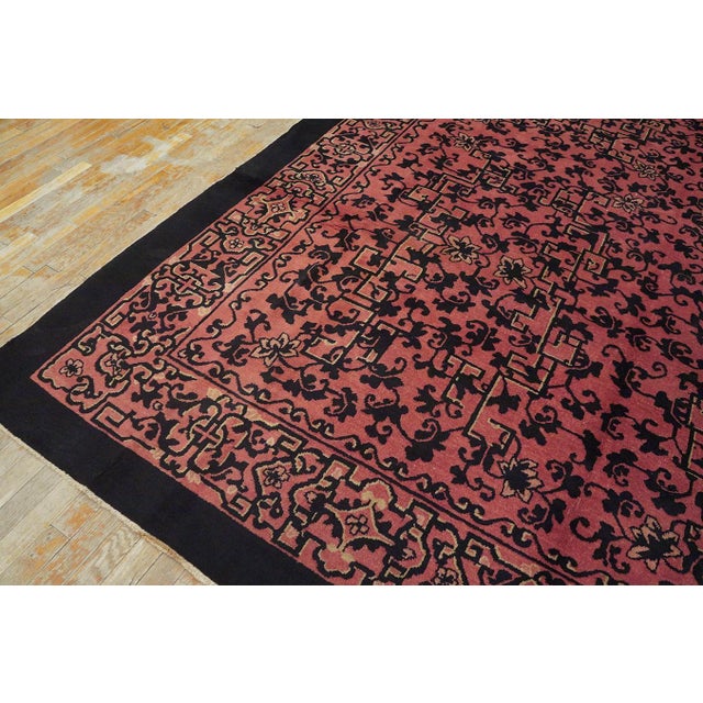 1920s Beautiful Coral Red Background and Black Border Color With Chinoiserie Pattern Antique Chinese Art Deco Rug For Sale - Image 5 of 5