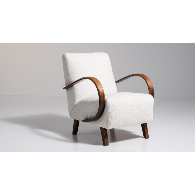 20th Century Czech Republic Warm Ivory Boucle Bentwood-Arm Lounge Chair For Sale - Image 10 of 11