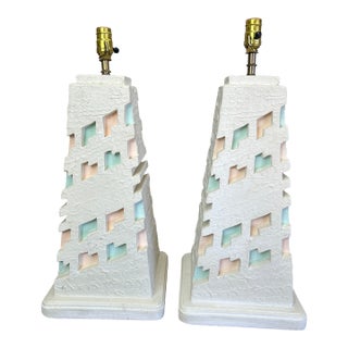 Vintage 1989 Monterey Art Studio Chalkware Lamps - Pair of Postmodern Southwestern Art Deco Obelisk For Sale