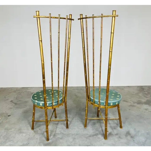 Wood Vintage Pair of Hollywood Regency Gold Gilt Metal Faux Bamboo High Back Chairs For Sale - Image 7 of 10