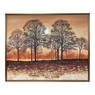 Large Mid-Century Modern Orange and Brown Tree Landscape Painting Signed Williams For Sale