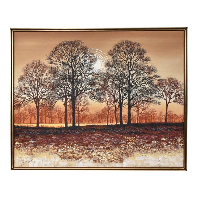 Large Mid-Century Modern Orange and Brown Tree Landscape Painting Signed Williams For Sale