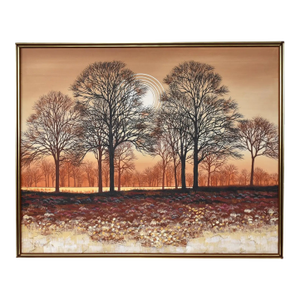 Large Mid-Century Modern Orange and Brown Tree Landscape Painting Signed Williams