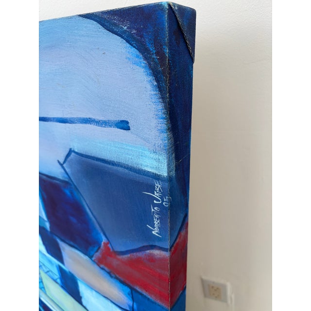 Norberto Uribe Dominican Modernist Village Blue Painting on Canvas For Sale - Image 10 of 12