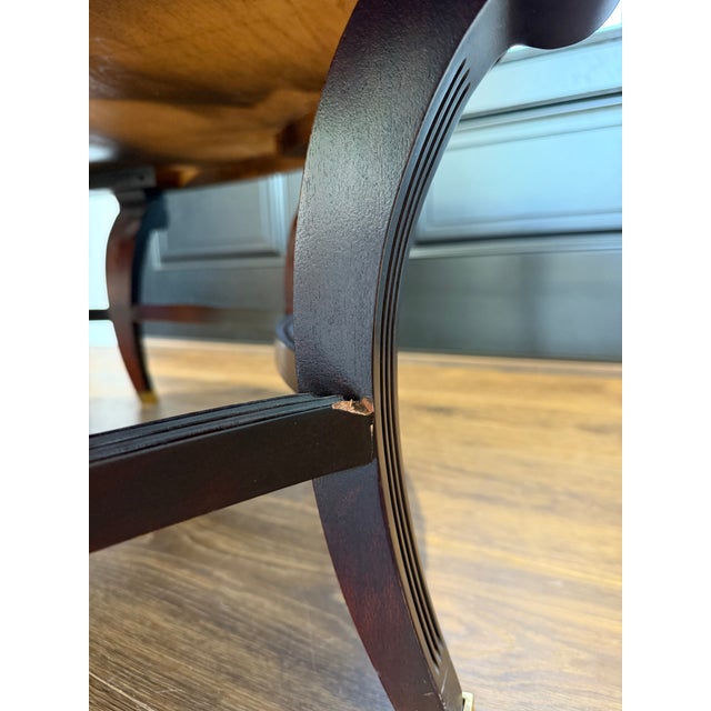 Attributed to Hickory Chair Company Flame Mahogany Round Coffee Table With Brass Sabots For Sale - Image 11 of 12