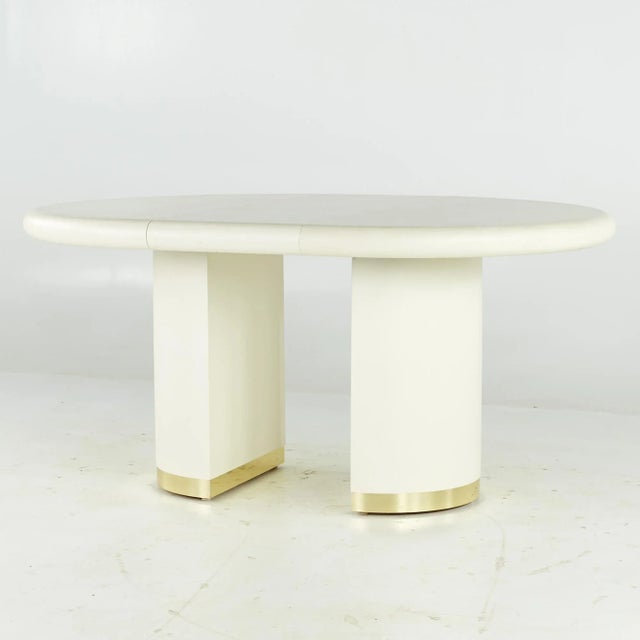 Karl Springer Style Mid Century Grass Cloth and Brass Expanding Dining Table For Sale In Chicago - Image 6 of 12