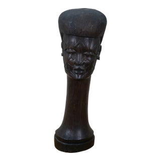 Vintage African Folk Art Carved Blackwood Tribal Warrior Head Bust Sculpture 18" For Sale
