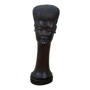 Vintage African Folk Art Carved Blackwood Tribal Warrior Head Bust Sculpture 18"