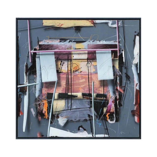 Gray, pink, red, and yellow-toned abstract contemporary painting by Chicago-based artist, Richard A. Johnson. The painting...