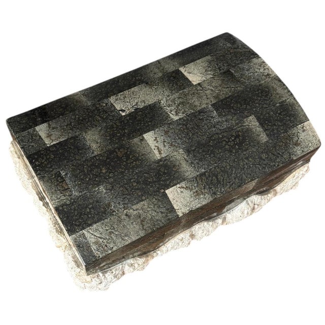 Tessellated black stone and travertine box. Black velvet lined interior.
