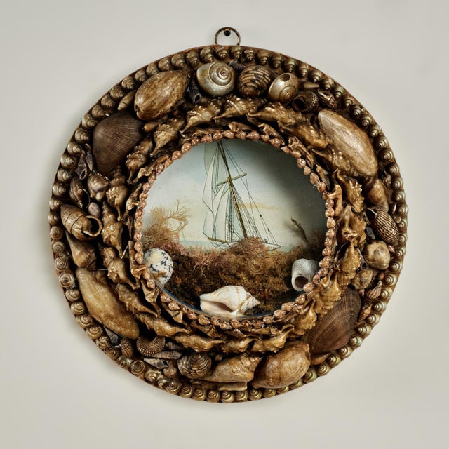 Charming pair of 19th century British colonial sailors valentines handcrafted in exotic seashells around an image of a...