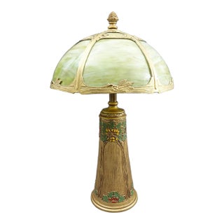 Early 20th Century Bradley & Hubbard Antique Hand Painted Gold Gilt Slag Glass Table Lamp For Sale