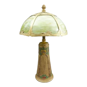 Early 20th Century Bradley & Hubbard Antique Hand Painted Gold Gilt Slag Glass Table Lamp