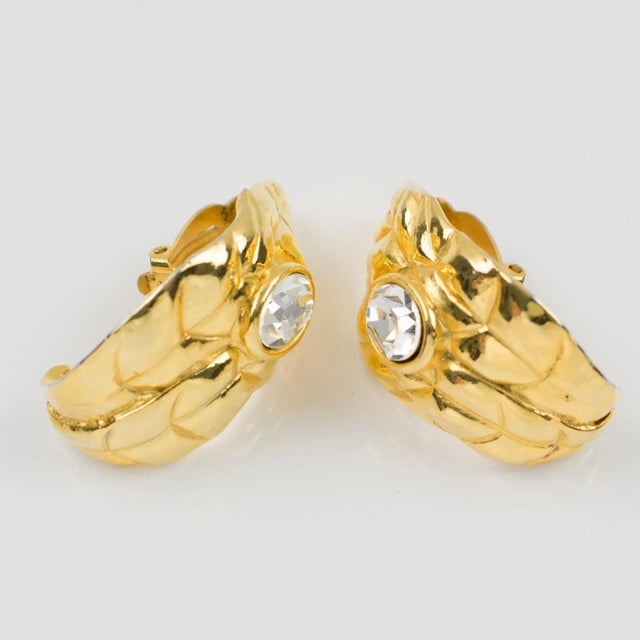 Ines de la Fressange Paris Jeweled Clip Earrings Gilt Metal Carved Leaf - 2 Pieces For Sale - Image 4 of 7
