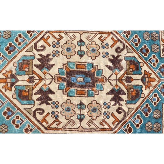 Vintage Turkish Oushak Rug in Teal Color With Geometric Medallion Design For Sale - Image 4 of 8