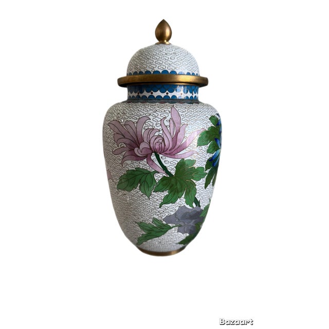 Vintage Zi Jin Cheng Chinese White Cloisonne Floral Lidded Ginger Jar - 11.5" H For Sale - Image 4 of 12