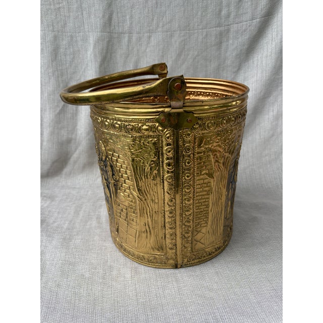 Vintage Raised Repousse Brass Fire Wood Bucket For Sale - Image 10 of 13