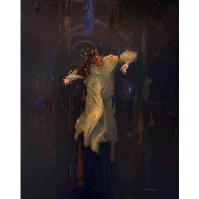 Adrift by Ryan Morse | Oil on Cradled Board Painting of a figure floating in dark water For Sale