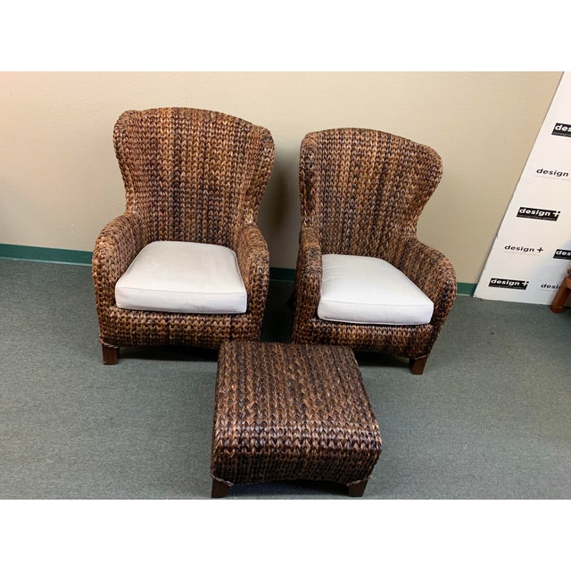 Pottery Barn Havana Seagrass Wingback Chairs Ottoman A Pair