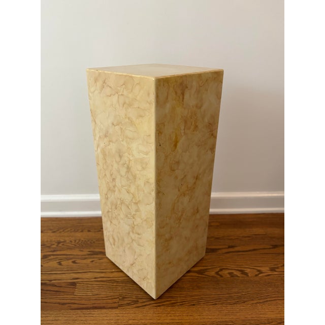 Classic 1980’s laminated pedestal plant or art stand with faux marble Formica finish. Neutral in color and very stable.