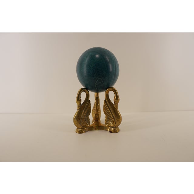 Vintage Hollywood Regency Brass Swan Stand With Malachite-Style Sphere For Sale - Image 11 of 15