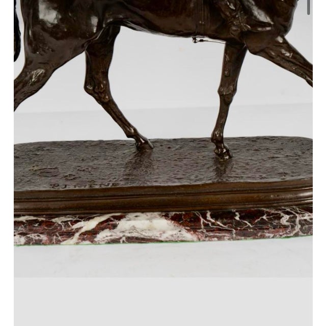 Realism Mid 19th Century Pierre-Jules Mêne Style Equestrian Bronze Sculpture of Rider on Horse With Rouge Marble Base For Sale - Image 3 of 10