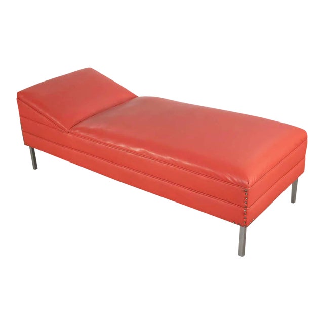 Mid Century Modern Chaise or Day Bed in Coral Vinyl Faux Leather With Aluminum Legs For Sale